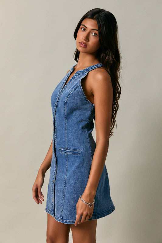 ๐ฆ Halter Neck Button Down Denim Mini Dress