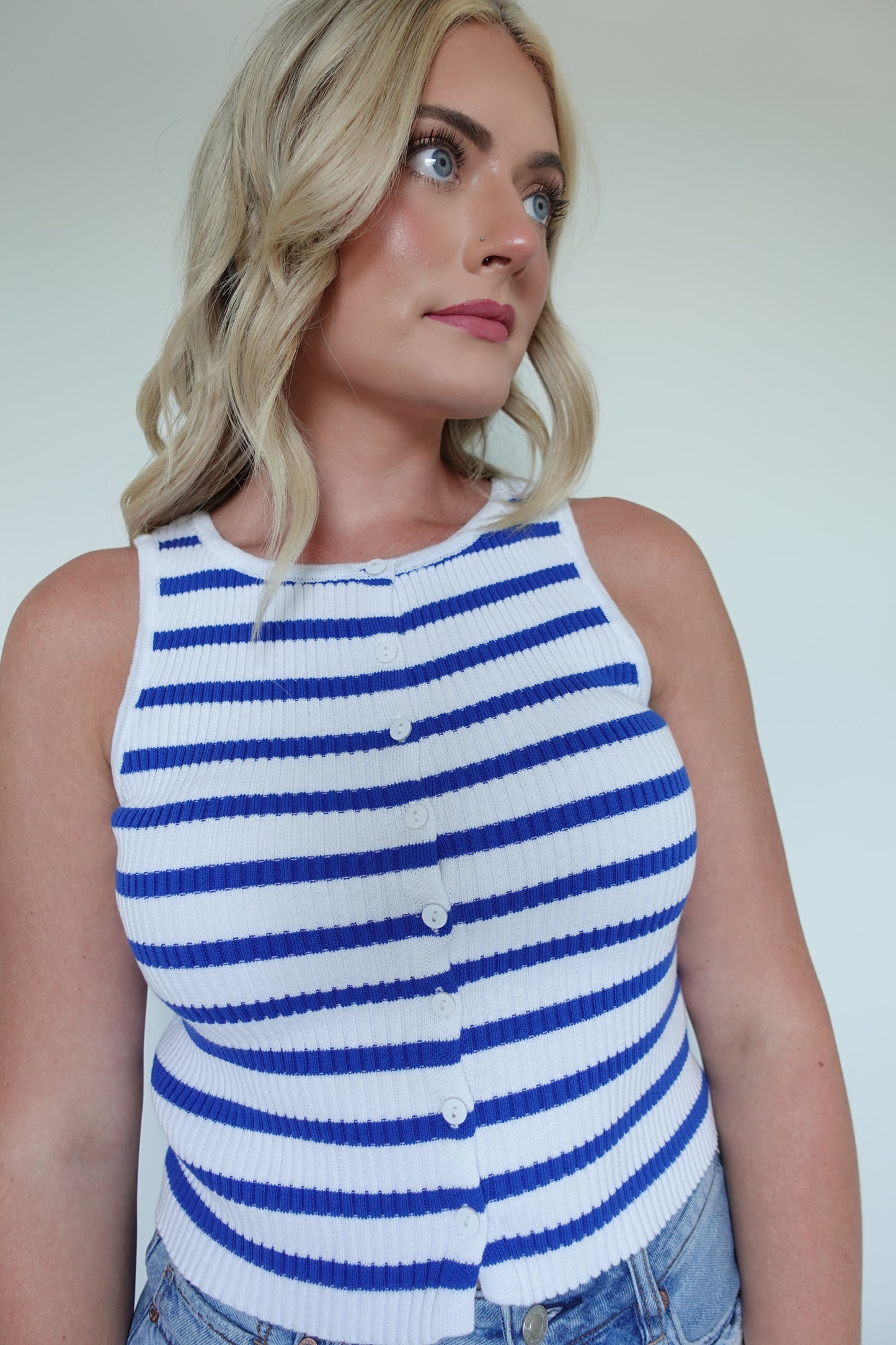 🔷 Striped Ribbed Button Front Tank