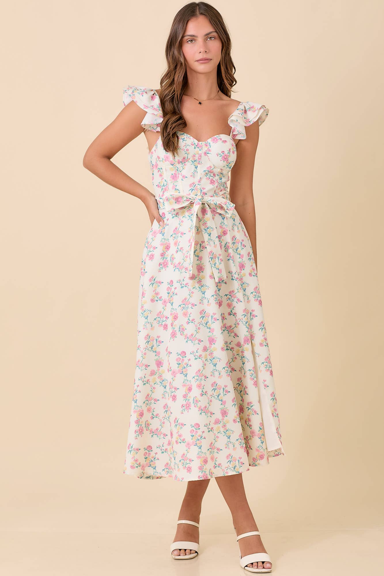 🌸 Floral Ruffle Sleeve Midi Dress