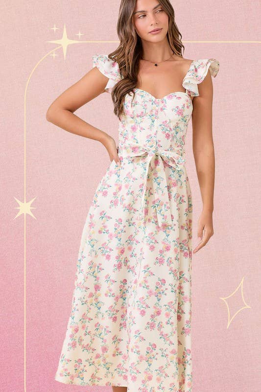 🌸 Floral Ruffle Sleeve Midi Dress