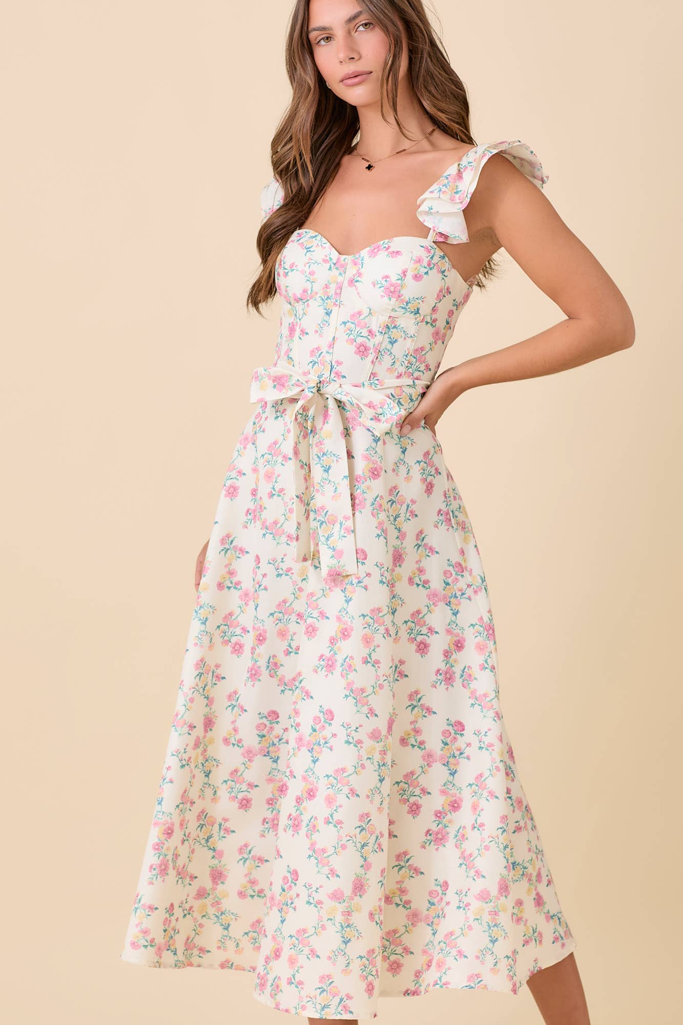 🌸 Floral Ruffle Sleeve Midi Dress