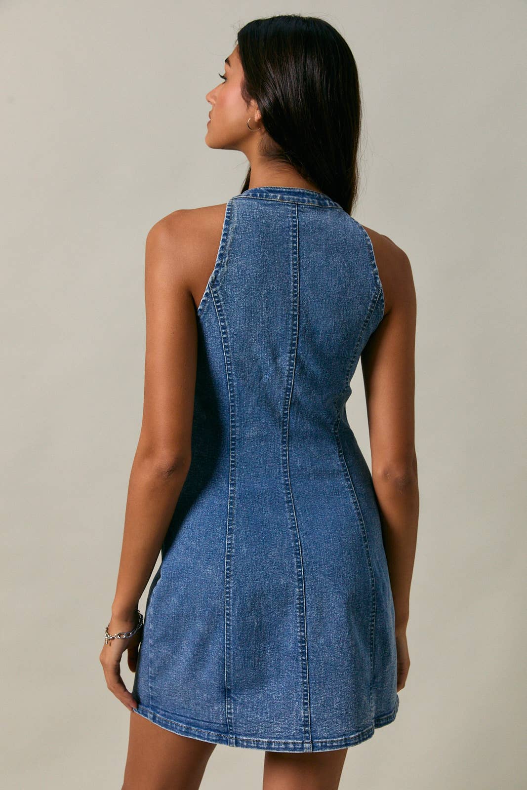 🟦 Halter Neck Button Down Denim Mini Dress