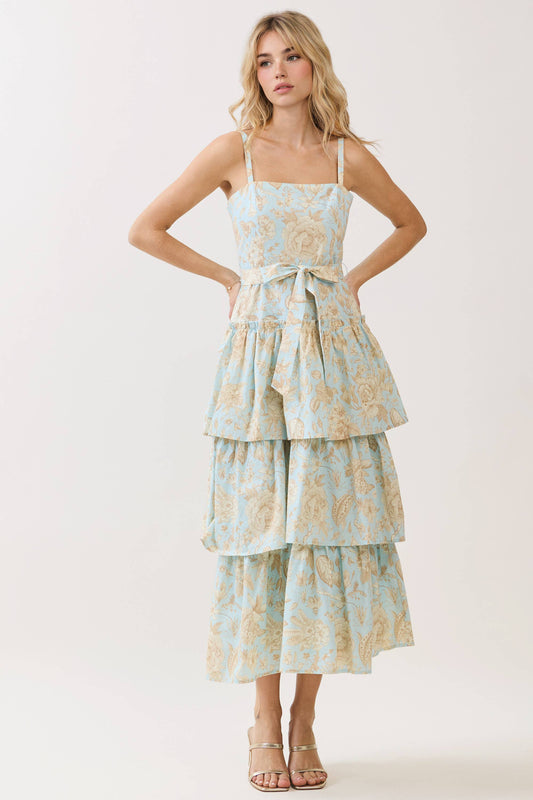 🦋 Floral Square Neck Tiered Ruffle Midi Dress