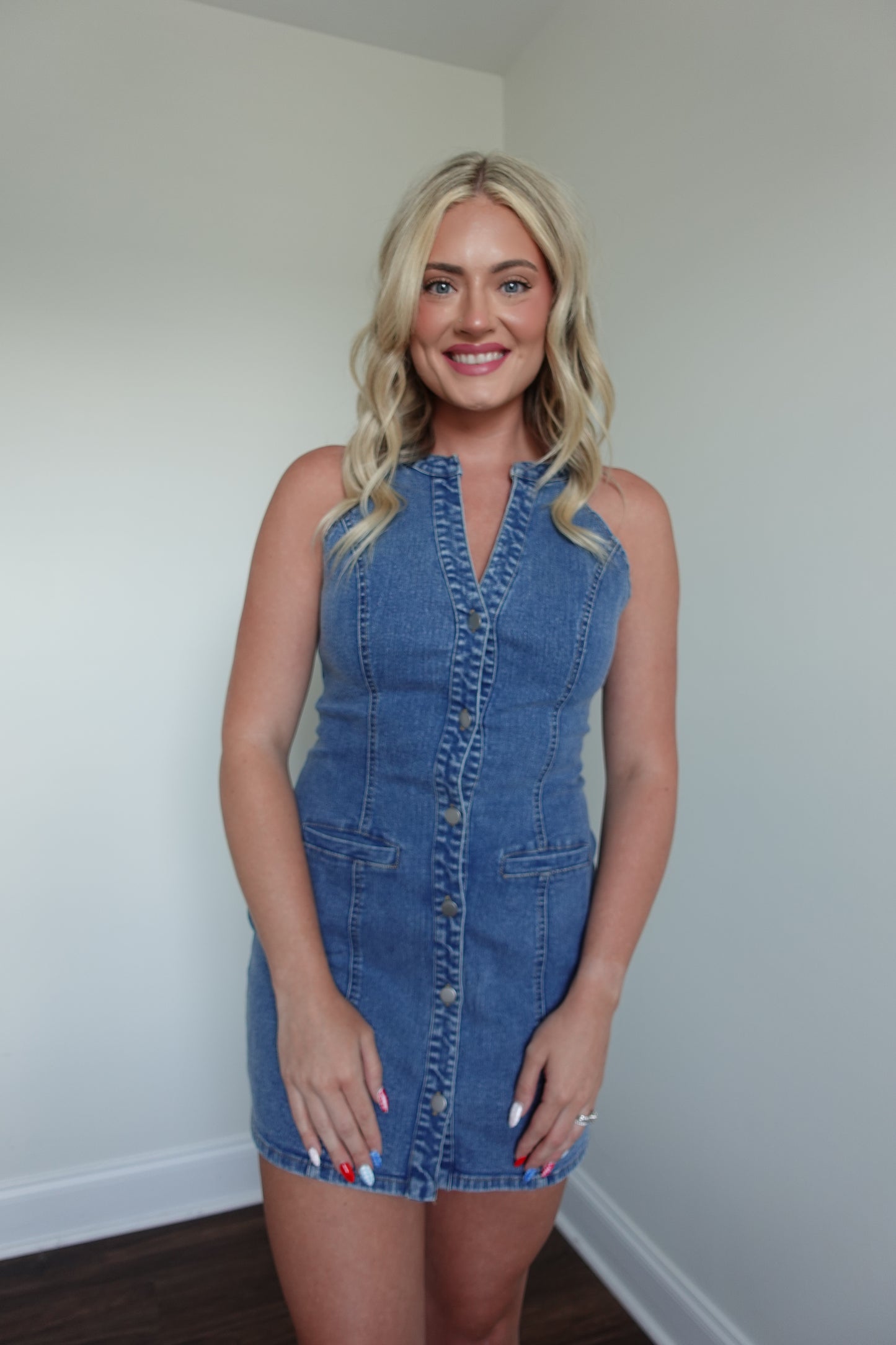 🟦 Halter Neck Button Down Denim Mini Dress