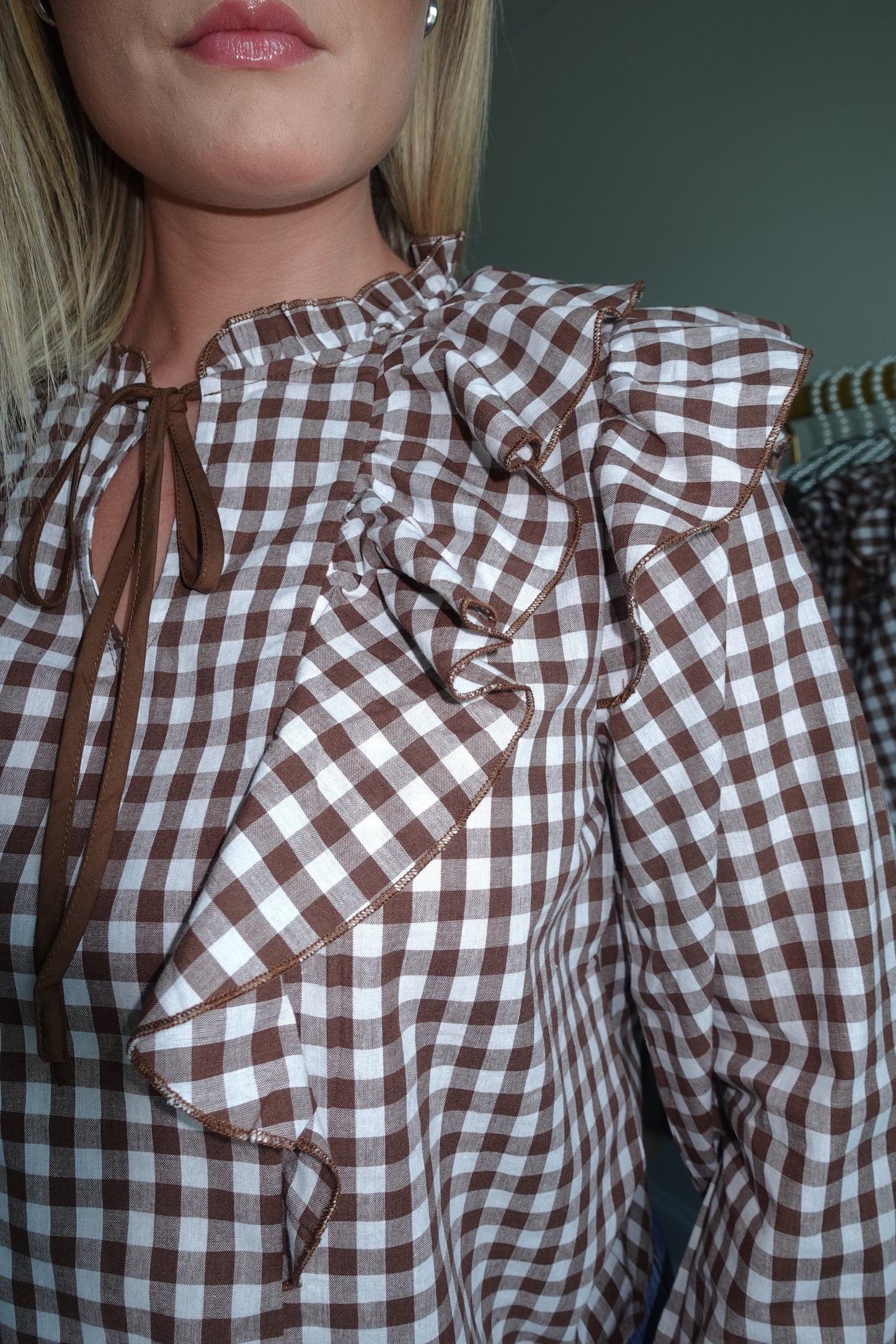 Gingham Tie Neck Blouse