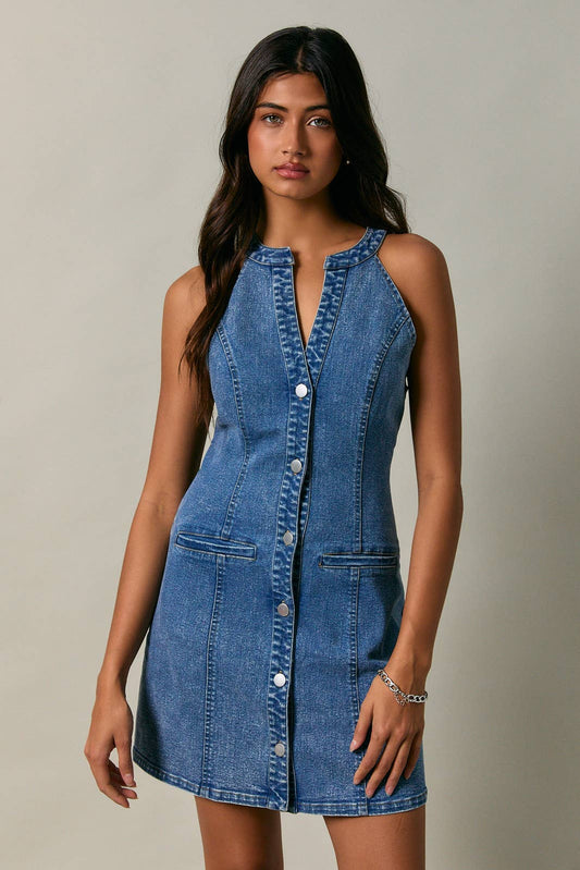 🟦 Halter Neck Button Down Denim Mini Dress