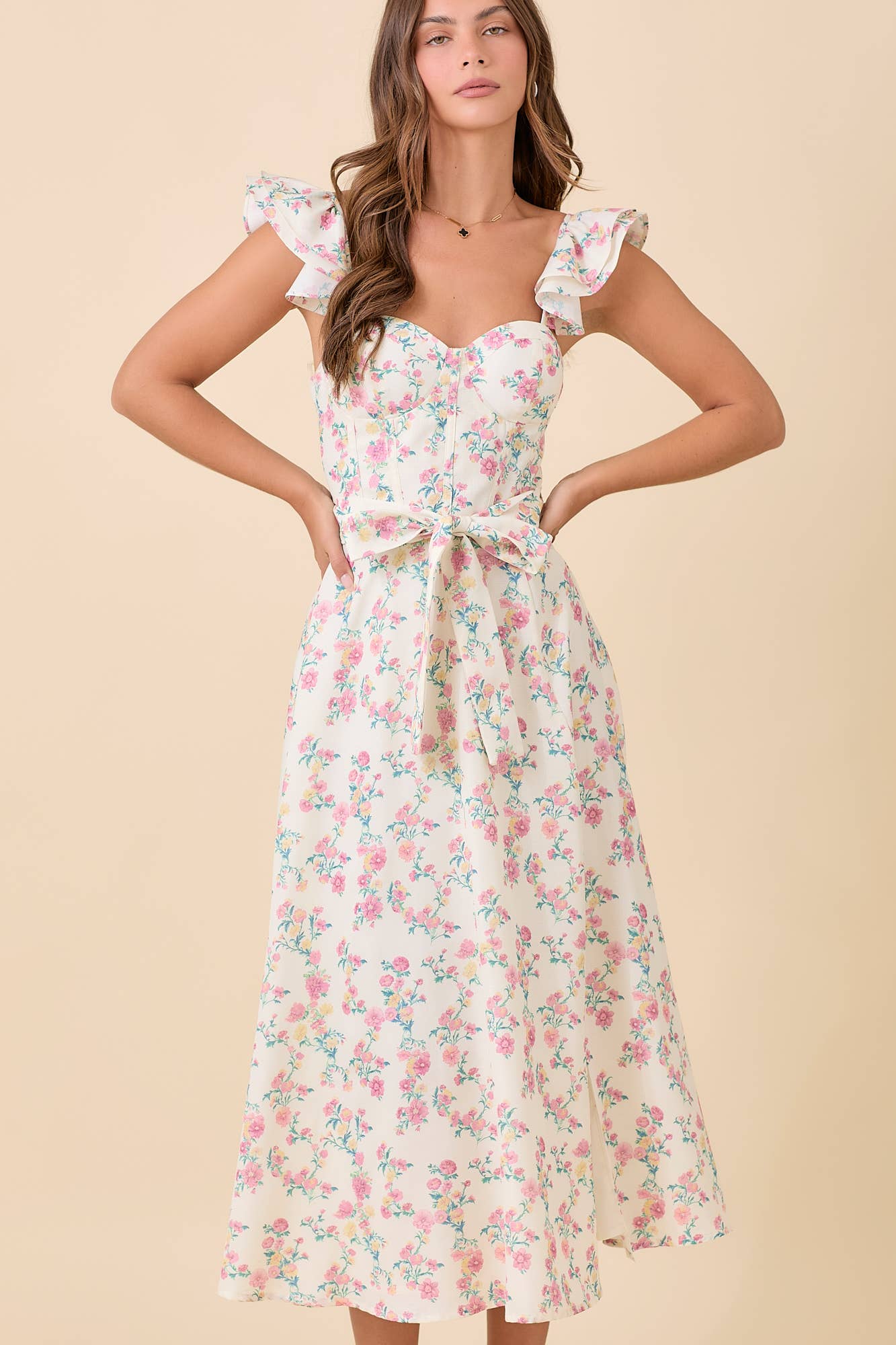 🌸 Floral Ruffle Sleeve Midi Dress